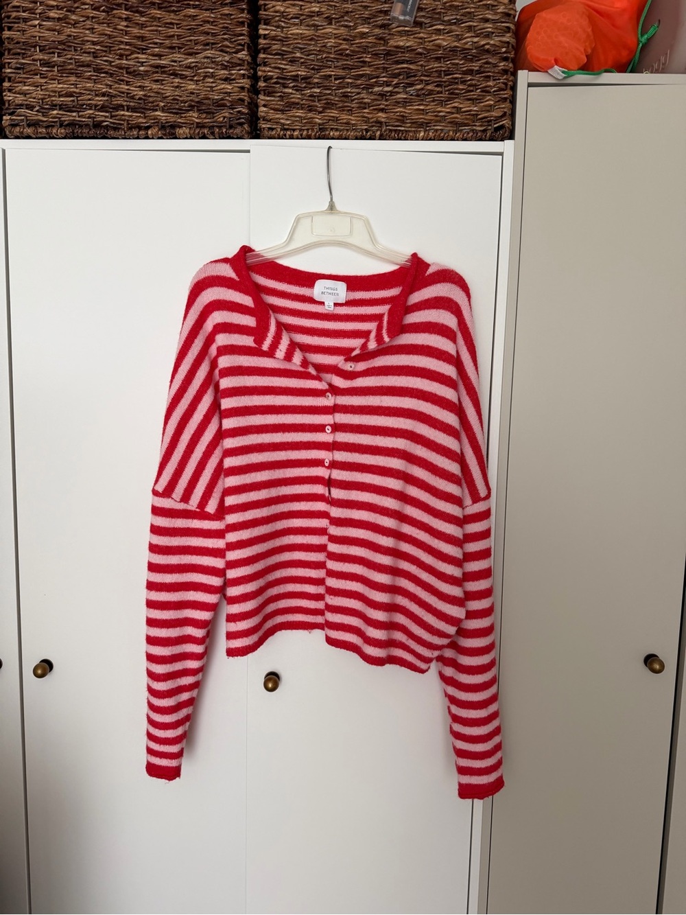 Striped V-Neck Button Front Sweater - Red/Pink